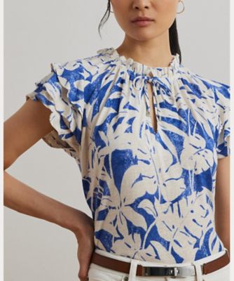 パームフロンドプリント ジャージー タイネック トップス