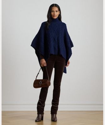 ボタントリム ケーブルニット モックネック ポンチョ