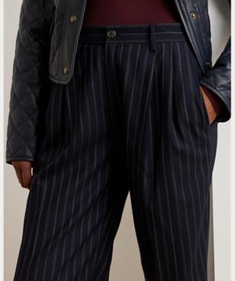 ストライプド プリーテッド ウールブレンド ツイル パンツ