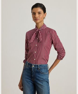 ストライプド コットン ブロードクロス タイネック シャツ