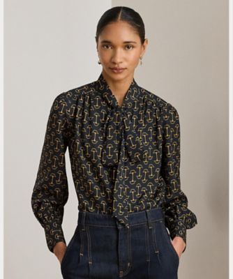 ジオプリント クレープ タイネック ブラウス