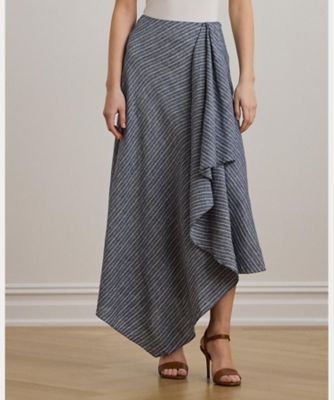 ストライプド リネン Aライン ミディ スカート