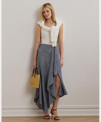 ストライプド リネン Aライン ミディ スカート