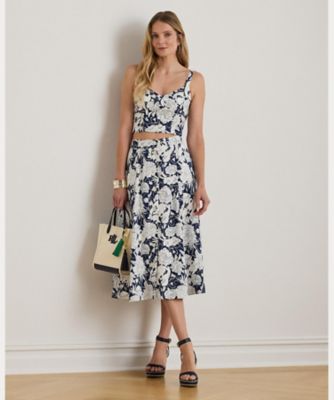 フローラル ボタンフロント リネン ミディ スカート