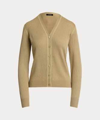 極美品 LAUREN RALPH LAUREN カーディガン S カーキ リブニット リネンブレンド Vネック カーディガン
