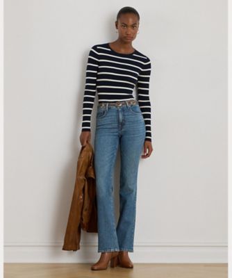 ストライプド リブニット クルーネック セーター