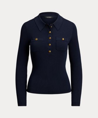 リブニット ロングスリーブ ポロ セーター