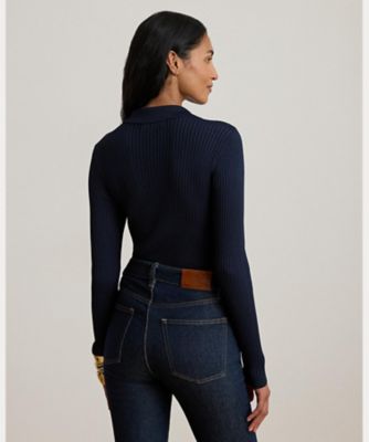 リブニット ロングスリーブ ポロ セーター