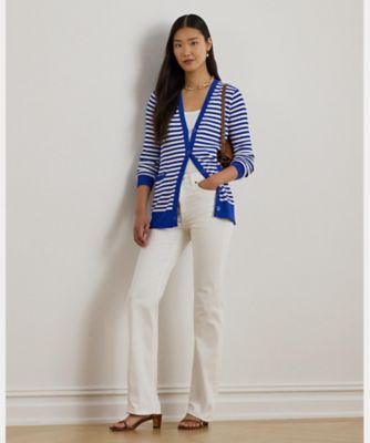 ストライプド リブニット Vネック カーディガン