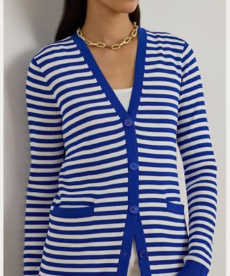 ストライプド リブニット Vネック カーディガン