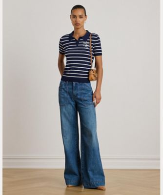 ストライプド コットンブレンド ポロ セーター