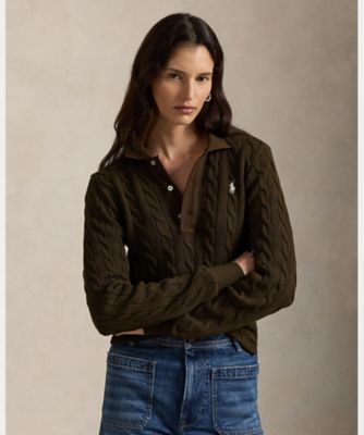 ケーブルニット コットン ロングスリーブ ポロシャツ