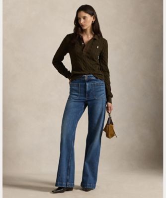 ケーブルニット コットン ロングスリーブ ポロシャツ