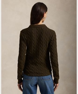 ケーブルニット コットン ロングスリーブ ポロシャツ