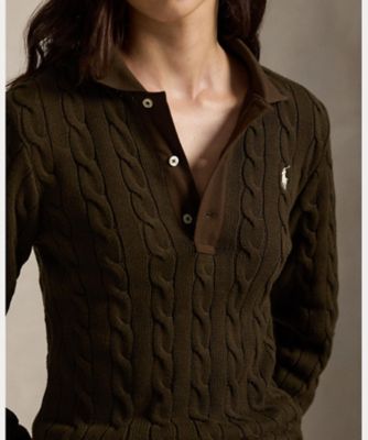 ケーブルニット コットン ロングスリーブ ポロシャツ
