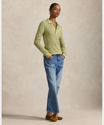 ケーブルニット コットン ロングスリーブ ポロシャツ