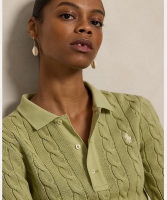 ケーブルニット コットン ロングスリーブ ポロシャツ