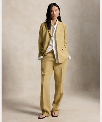 RALPH LAUREN【美品】リネン 麻 ベージュ ジャケット ワイドパンツ シングルブレステッド デラヴェ リネン ブレザー