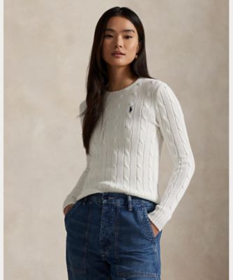 美品　ポロラルフローレン　S ケーブルニット　コットン　クルーネック　ホワイト ケーブルニット コットン クルーネック セーター