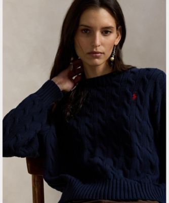 Polo Ralph Lauren ネイビー ケーブルニット M ウォッシュ加工 ケーブルニット コットン クルーネック セーター