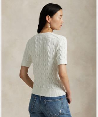 ケーブルニット コットン ショートスリーブ カーディガン