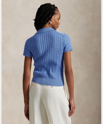 ケーブル コットン ショートスリーブ Polo カーディガン