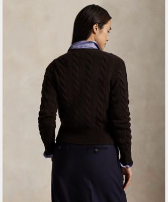 ポロラルフローレン　ダークグレー カシミヤ混ケーブルニット カーディガン M ケーブルニット コットン クルーネック カーディガン