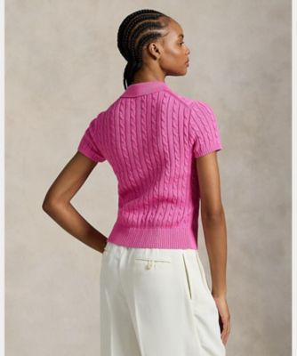 ケーブル コットン ショートスリーブ Polo カーディガン