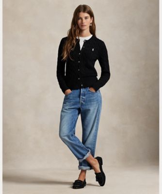 ケーブルニット コットン クルーネック カーディガン