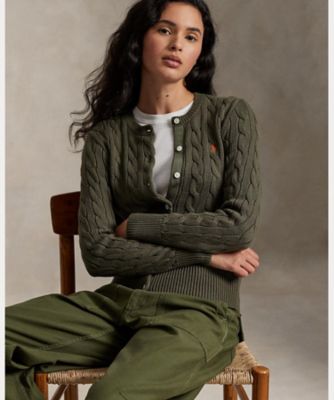 ケーブルニット コットン クルーネック カーディガン