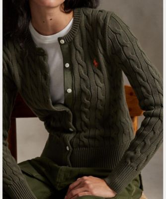 ケーブルニット コットン クルーネック カーディガン