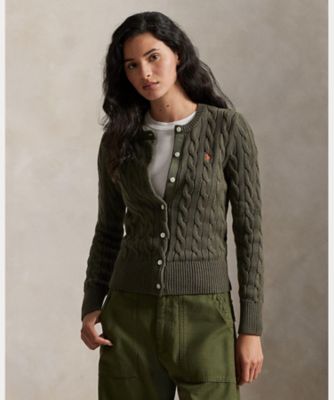 ケーブルニット コットン クルーネック カーディガン