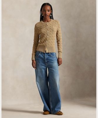 ケーブルニット コットン クルーネック カーディガン