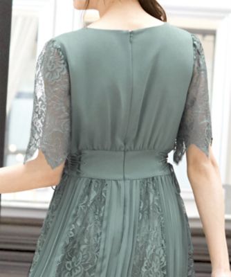 レース＆プリーツミモレ丈フレアワンピース　スモールサイズ