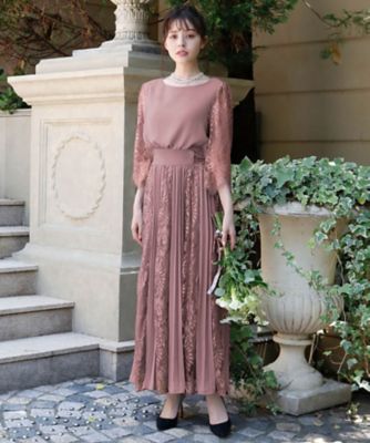 レース＆シフォンプリーツロングフレアワンピース スモールサイズ の