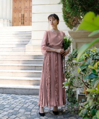 レース＆シフォンプリーツロングフレアワンピース スモールサイズ の