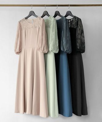 レース切替パフスリーブ フレア パーティードレス スモール