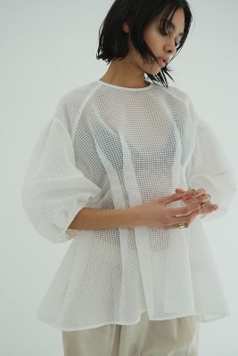 ＜CLANE (Women)＞ＳＨＥＥＲ　ＰＬＡＩＤ　ＶＯＬＵＭＥ　ＳＬＥＥＶＥ　ＴＯＰＳ　１８１２２－４１４２